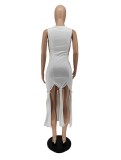 Women Summer White Modest O-Neck Sleeveless Solid Ripped Sheath Midi Dress