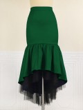 Women Spring Green Romantic High Waist Zipper Fly Solid Mesh Midi Asymmetrical Skirts