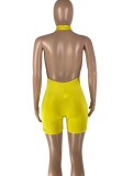 Women Summer Yellow Casual Halter Sleeveless Solid Ripped Above Knee Regular Rompers