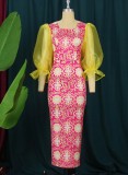 Women Spring Rose Modest Square Collar Full Sleeves Printed Maxi Dress