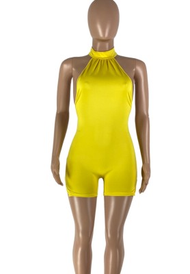 Women Summer Yellow Casual Halter Sleeveless Solid Ripped Above Knee Regular Rompers