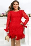 Women Spring Red Vintage O-Neck Full Sleeves Floral Print Cascading Ruffle Mini Bodycon Dress