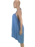 Women Summer Blue Romantic Halter Sleeveless Solid Midi Loose Plus Size Casual Dress