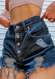 Women Summer Blue Boyfriend Jeans High Waist Button Fly Cartoon Print Fringed Short Regular Jeans Shorts