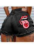 Women Summer Black Boyfriend Jeans High Waist Button Fly Cartoon Print Fringed Short Regular Jeans Shorts