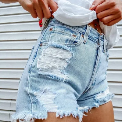 Women Summer Blue High Waist Zipper Fly Printed Fringed Short Regular Jeans Shorts