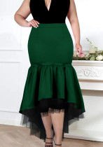 Women Spring Green Romantic High Waist Zipper Fly Solid Mesh Midi Asymmetrical Skirts