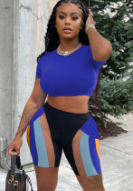 Women Summer Blue Casual O-Neck Short Sleeves High Waist Color Blocking Regular Two Piece Shorts Set