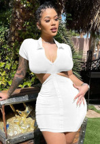 Women Summer White Sexy Turn-down Collar Short Sleeves Solid color Button Mini Bodycon Dress
