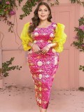 Women Spring Rose Modest Square Collar Full Sleeves Printed Maxi Dress