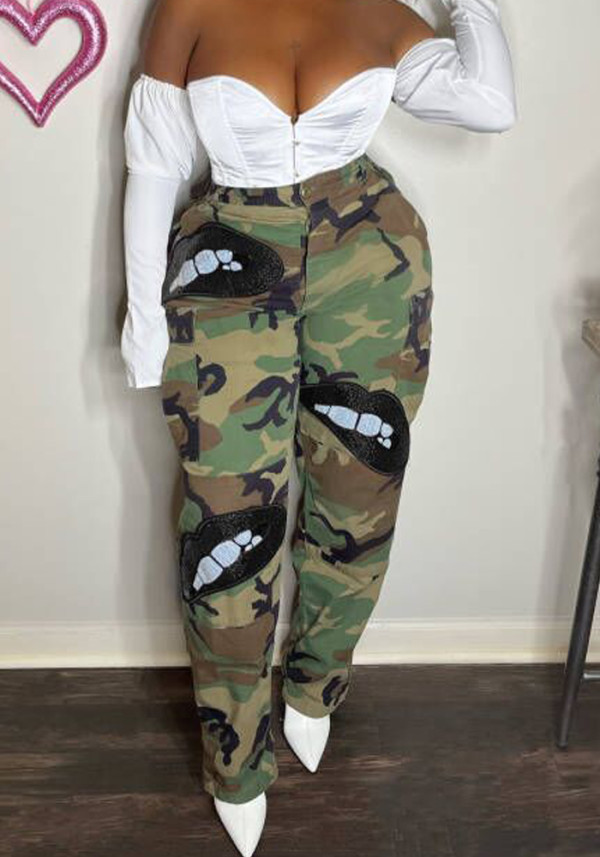 Women Spring Black Cargo Pants High Waist Zipper Fly Camo Sequined Full Length Regular Jeans Pants