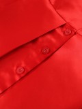 Women Spring Red Vintage Turn-down Collar Full Sleeves Solid Satin Button A-line Evening Dress