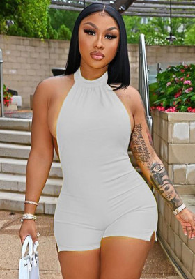 Women Summer White Casual Halter Sleeveless Solid Ripped Above Knee Regular Rompers