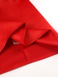 Women Spring Red Vintage Turn-down Collar Full Sleeves Solid Satin Button A-line Evening Dress