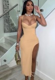 Women Summer Nude Sexy Strap Sleeveless Solid Ripped Maxi Dress