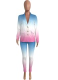 Women Spring Printed Formal Turn-down Collar Full Sleeves High Waist Tie Dye Pockets Regular Two Piece Pants Set