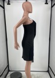 Women Summer Black Sexy V-neck Sleeveless Solid Fringed Sheath Midi Dress
