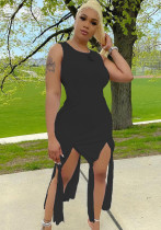 Women Summer Black Modest O-Neck Sleeveless Solid Ripped Sheath Midi Dress