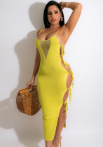 Women Summer Yellow Modest Strap Sleeveless Patchwork Lace Up Maxi Dress