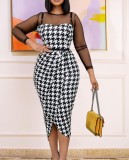 Women Summer Black Modest O-Neck Full Sleeves Plaid Print Midi Asymmetrical Office Dress