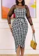 Women Summer Black Modest O-Neck Full Sleeves Plaid Print Midi Asymmetrical Office Dress