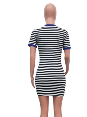 Women Summer Blue Casual O-Neck Short Sleeves Striped Print Pockets Mini Sheath Shirt Dress