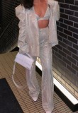 Women Spring White Straight High Waist Zipper Fly Solid Sequined Full Length Regular Pants