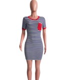 Women Summer Red Casual O-Neck Short Sleeves Striped Print Pockets Mini Sheath Shirt Dress