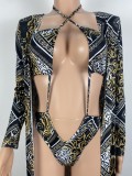 Women Black Cover-Up Print Lace Up Cover-Up Swimwear Set