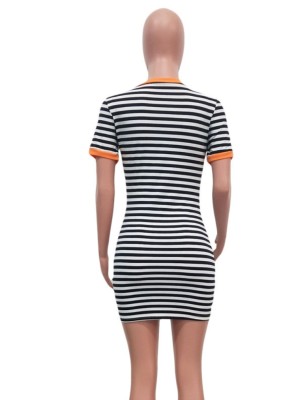 Women Summer Orange Casual O-Neck Short Sleeves Striped Print Pockets Mini Sheath Shirt Dress