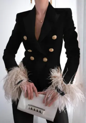 Women Spring Black England Style V-neck Full Sleeves Solid Feathers Double Breasted Regular Blazer