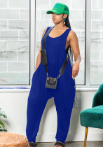 Women Summer Blue Casual Strap Sleeveless Solid Pockets Full Length Loose Jumpsuit