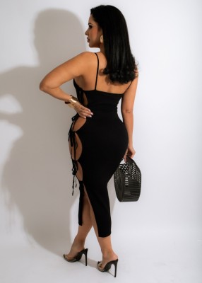 Women Summer Black Modest Strap Sleeveless Patchwork Lace Up Maxi Dress