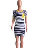 Women Summer Yellow Casual O-Neck Short Sleeves Striped Print Pockets Mini Sheath Shirt Dress