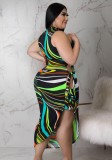Women Summer Printed Modest Turtleneck Sleeveless Striped Print Slit Maxi Asymmetrical Plus Size Casual Dress