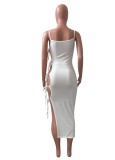 Women Summer White Modest Strap Sleeveless Patchwork Lace Up Maxi Dress