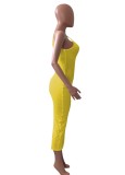 Women Summer Yellow Modest Strap Sleeveless Patchwork Lace Up Maxi Dress