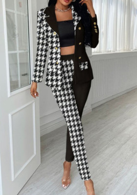 Women Spring Printed England Style Turn-down Collar Full Sleeves High Waist Plaid Print Button Regular Two Piece Pants Set