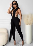 Women Summer Black Sexy V-neck Sleeveless Solid Belted Full Length Regular Backless Jumpsuit