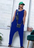 Women Summer Blue Casual Strap Sleeveless Solid Pockets Full Length Loose Jumpsuit