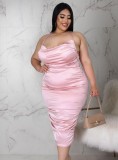 Women Summer Pink Modest Halter Sleeveless Solid Midi Pleated Plus Size Casual Dress