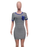 Women Summer Blue Casual O-Neck Short Sleeves Striped Print Pockets Mini Sheath Shirt Dress