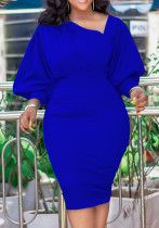 Women Spring Blue Modest Slash Neck Full Sleeves Solid Pleated Midi Pencil Office Dress