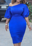 Women Summer Blue Modest Slash Neck Half Sleeves Solid Midi Straight Plus Size Casual Dress