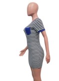 Women Summer Blue Casual O-Neck Short Sleeves Striped Print Pockets Mini Sheath Shirt Dress