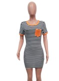 Women Summer Orange Casual O-Neck Short Sleeves Striped Print Pockets Mini Sheath Shirt Dress