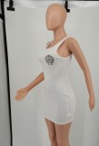 Women Summer White Casual Strap Sleeveless Printed Mini Sheath Tank Dress