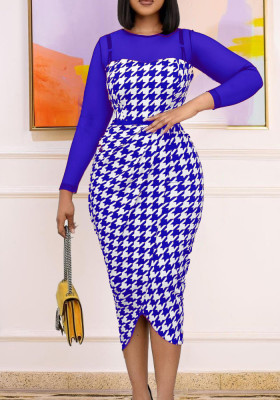 Women Summer Blue Modest O-Neck Full Sleeves Plaid Print Midi Asymmetrical Office Dress