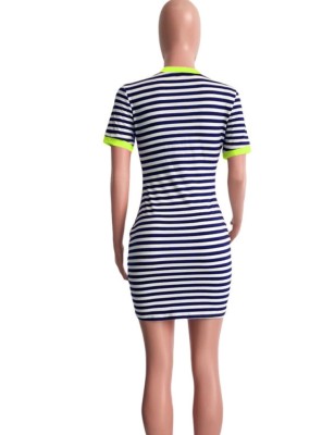 Women Summer Green Casual O-Neck Short Sleeves Striped Print Pockets Mini Sheath Shirt Dress