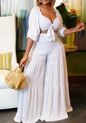 Women Spring White Casual V-neck Sleeveless High Waist Solid Cascading Ruffle Loose Plus Size Two Piece Pants Set